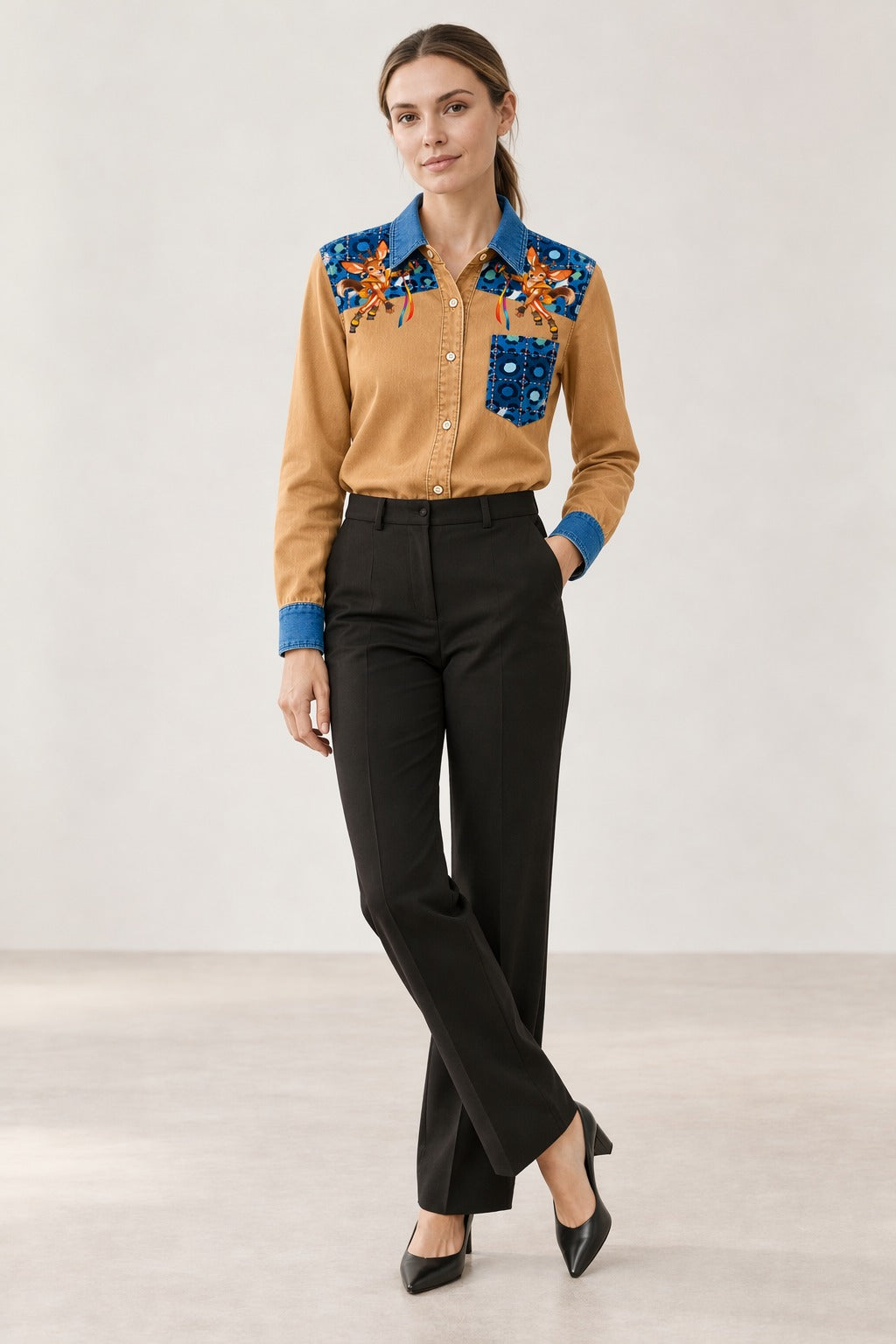 Bronco Patchwork Parade Long Sleeve Denim Shirt