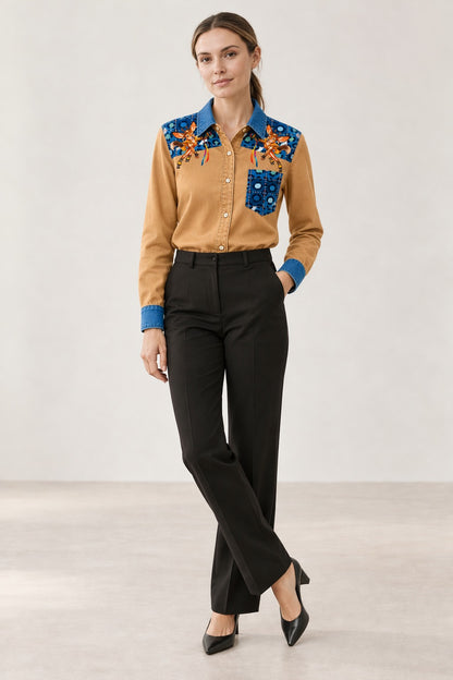 Bronco Patchwork Parade Long Sleeve Denim Shirt