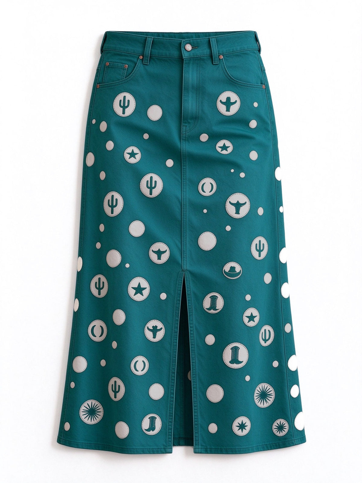 Desert Starlight Western Denim Midi Skirt – Back View – Riley – Teal