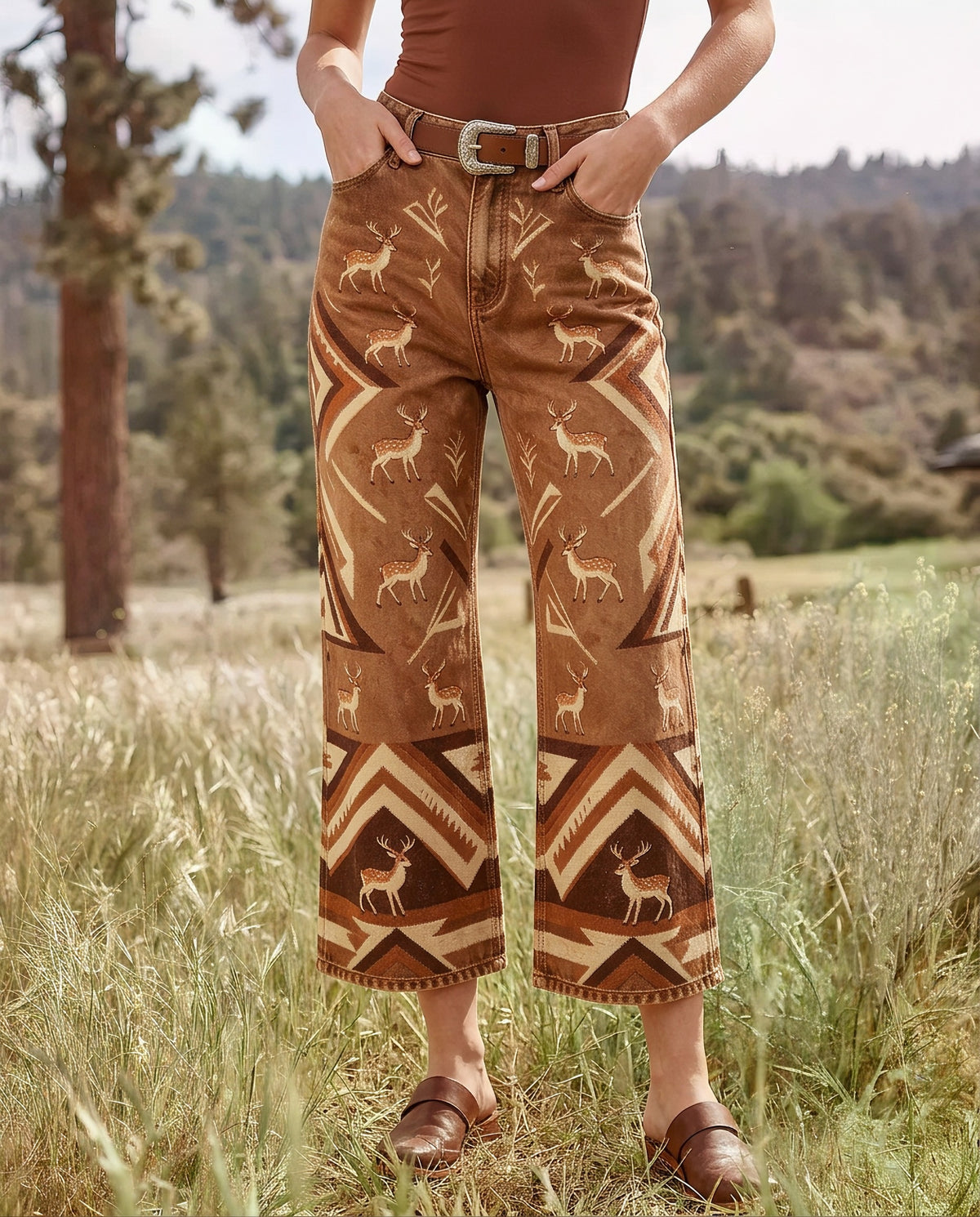 Deer Ridge Brown Wide-Leg Cropped Pants
