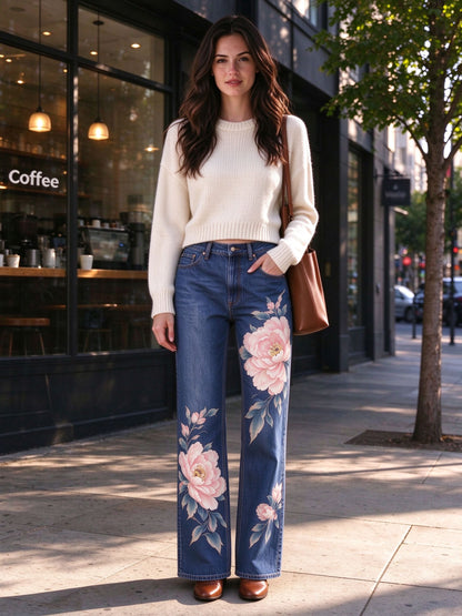 Prairie Peony Bloom Mid-Rise Straight-Leg Jeans