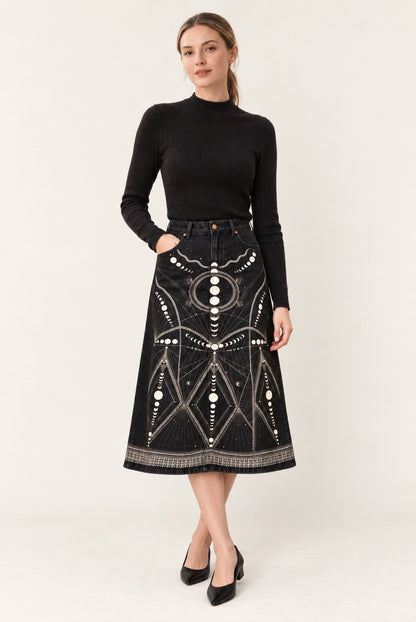 Moon Phase Ankle-Length Denim Skirt
