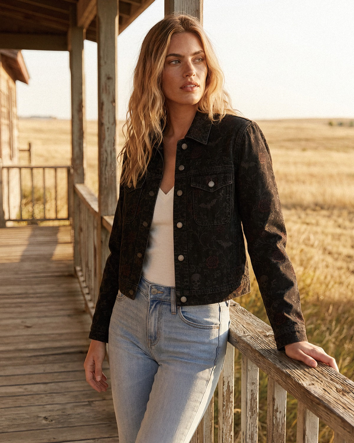 Midnight Prairie Bloom Cropped Denim Jacket