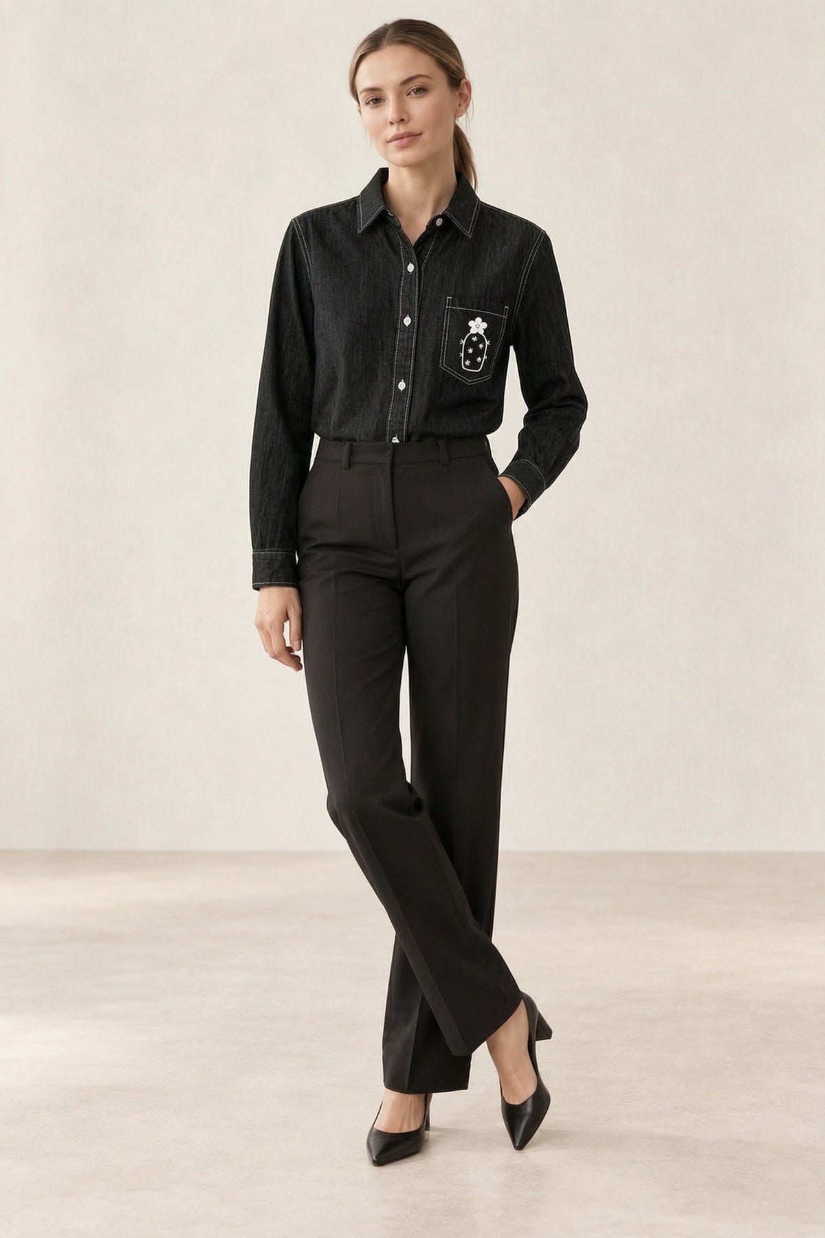 Midnight Desert Rose Long Sleeve Denim Shirt