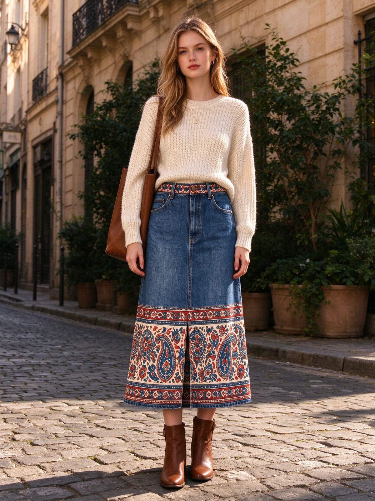 Prairie Paisley Band Denim Midi Skirt