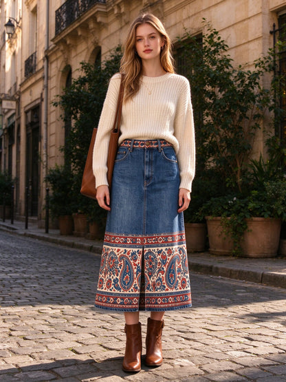 Prairie Paisley Band Denim Midi Skirt
