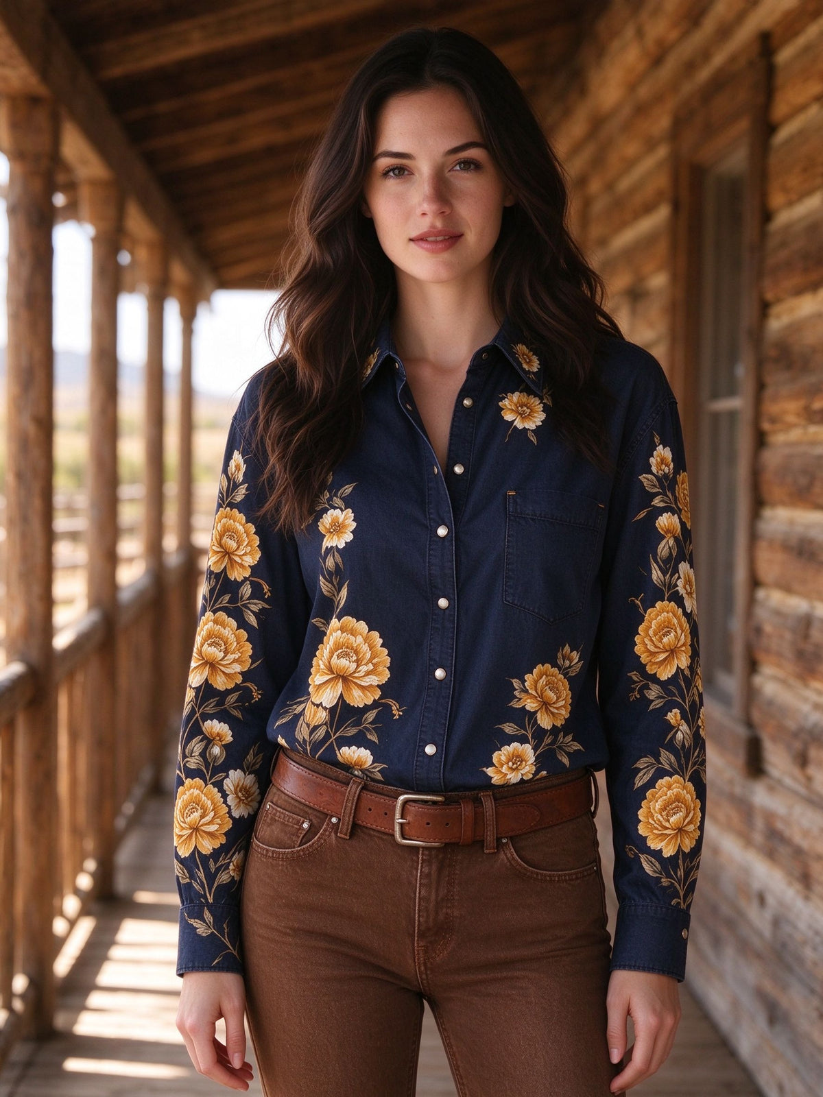 Midnight Rose Roundup Long Sleeve Denim Shirt