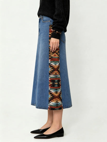 Cowboy Bandana Patchwork Ankle-Length Denim Skirt