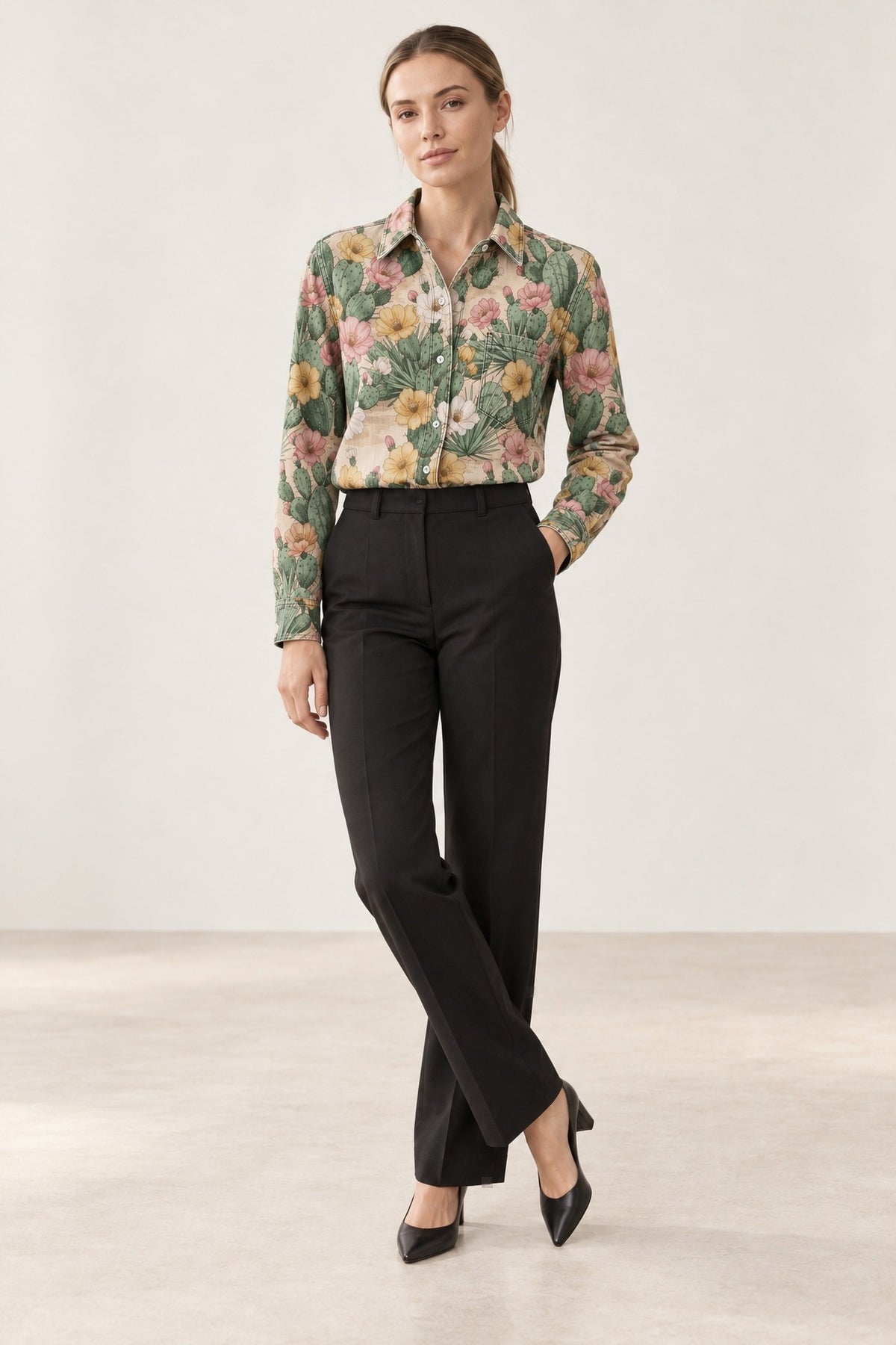 Desert Cactus Bloom Long Sleeve Denim Shirt