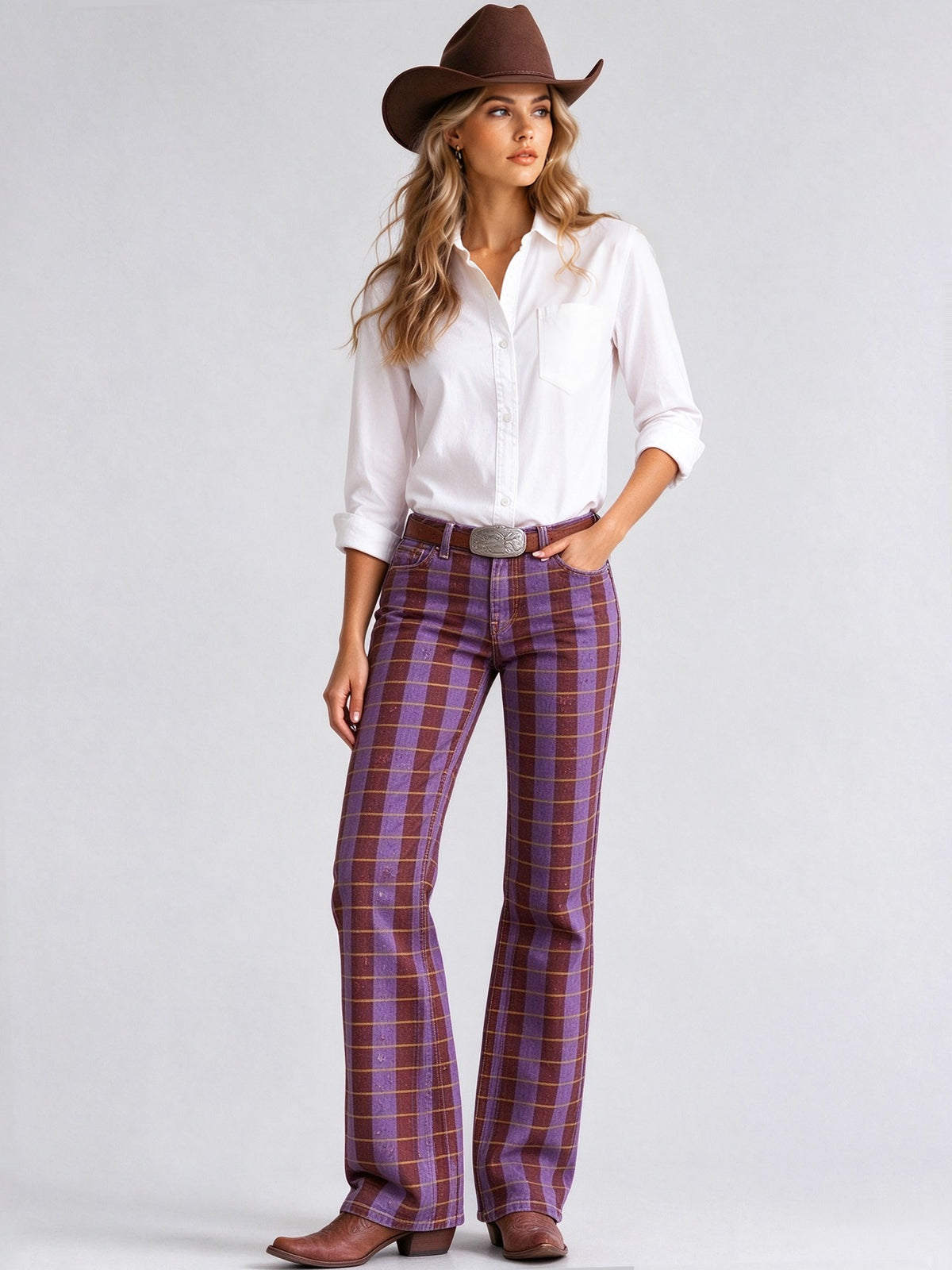 Prairie Plaid Low-Rise Bootcut Jeans