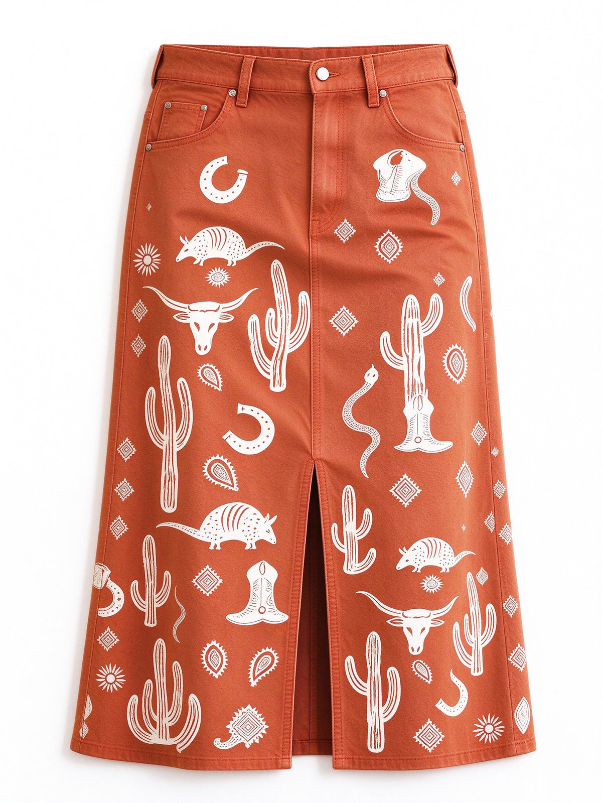 Desert Mirage 976 Western Denim Midi Skirt – Back View – Riley – Terracotta