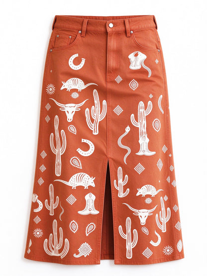 Desert Mirage 976 Western Denim Midi Skirt – Back View – Riley – Terracotta