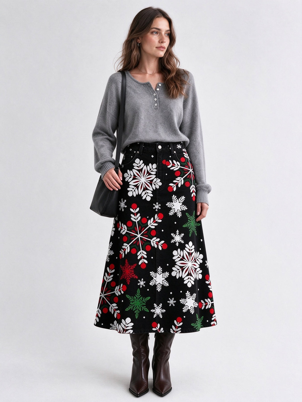 Snowflake Stampede Ankle-Length Denim Skirt