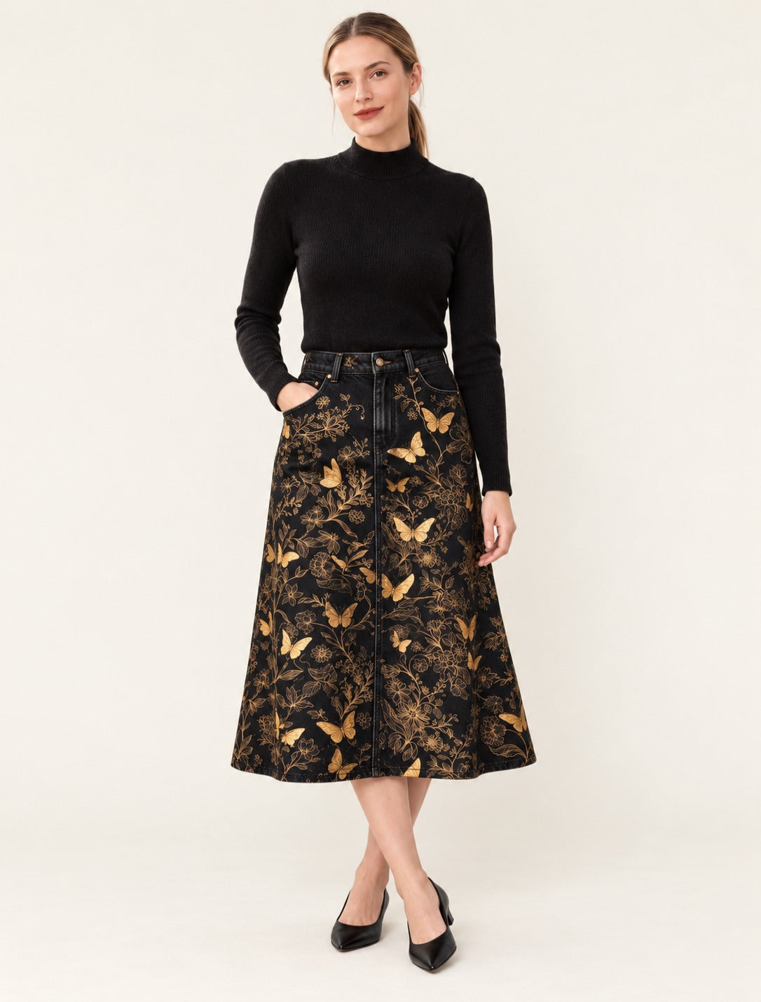 Golden Wings Ankle-Length Denim Skirt