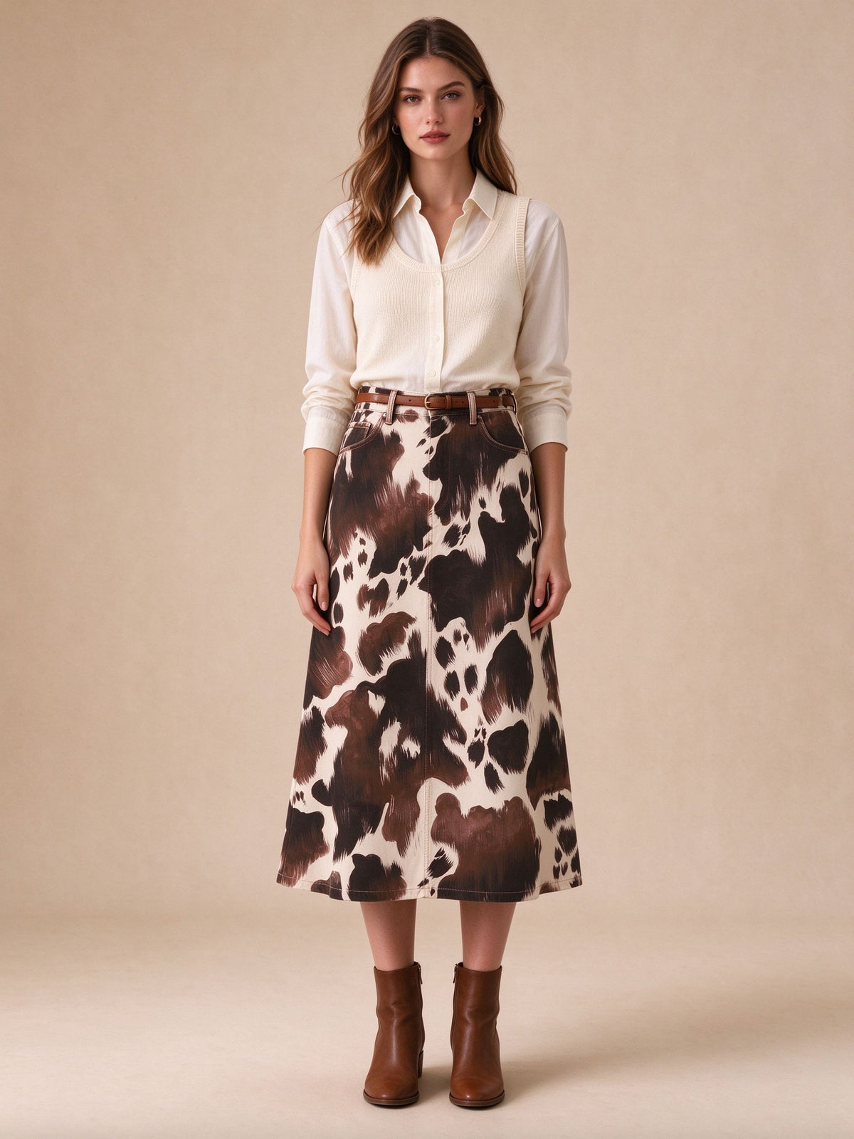 Cowhide Trail Ankle-Length Denim Skirt