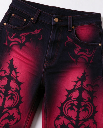 Crimson Desperado Damask Wide-Leg Jeans