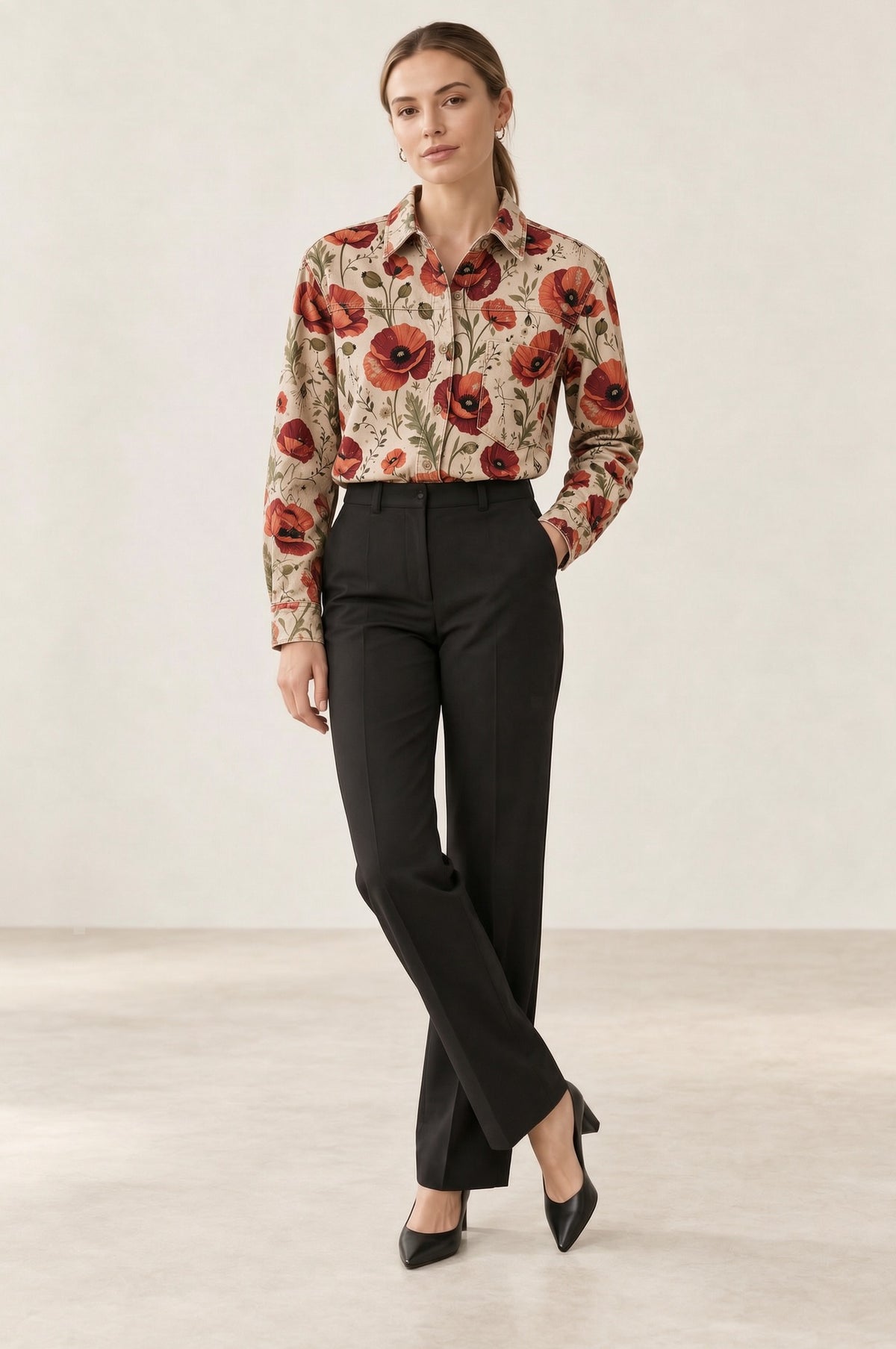 Prairie Poppy Scatter Long Sleeve Denim Shirt