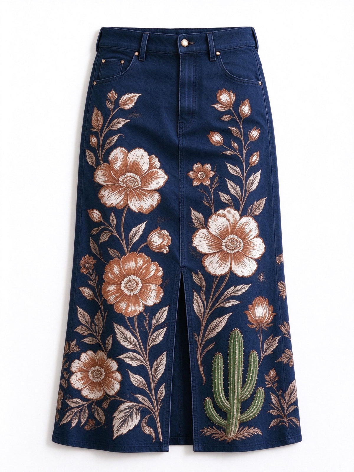 Desert Bloom Navy Blue Western Denim Midi Skirt – Back View – Riley – Navy Blue