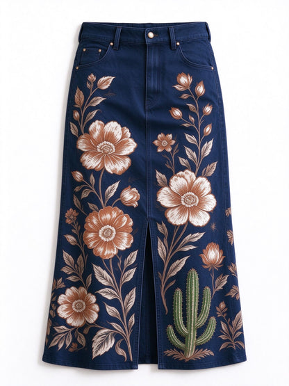 Desert Bloom Navy Blue Western Denim Midi Skirt – Back View – Riley – Navy Blue