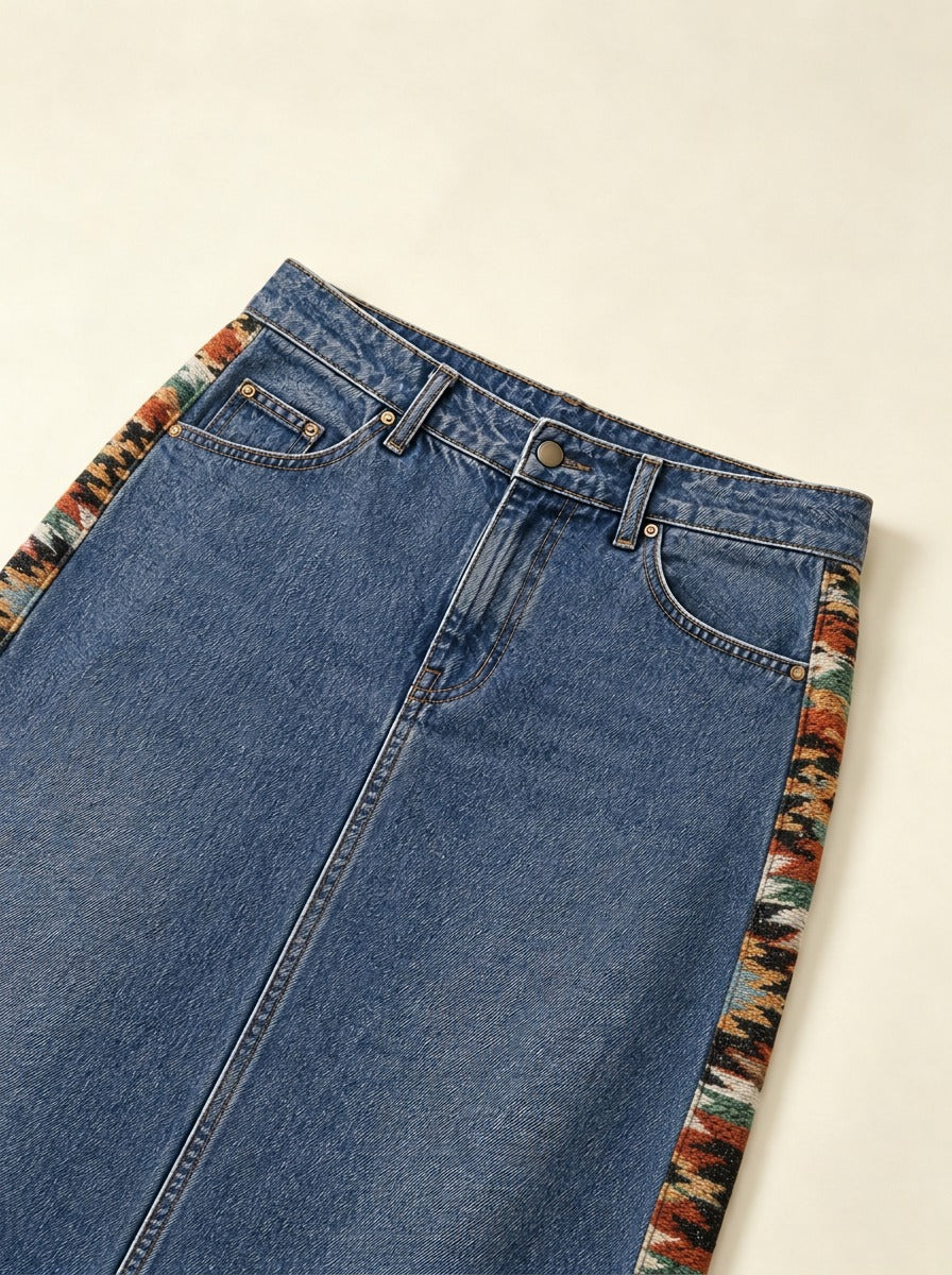 Cowboy Bandana Patchwork Ankle-Length Denim Skirt