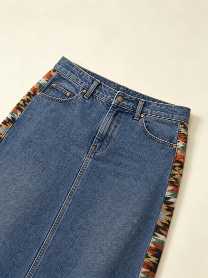 Cowboy Bandana Patchwork Ankle-Length Denim Skirt