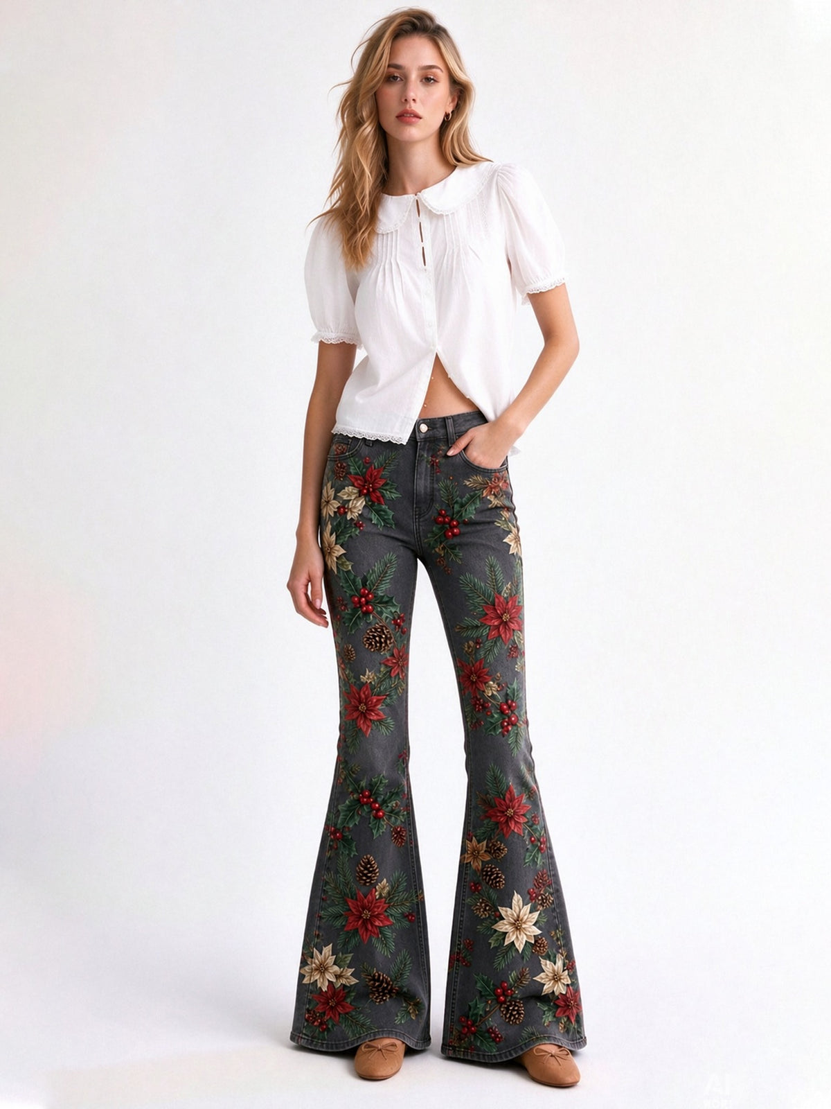 Prairie Poinsettia Bloom Flare Jeans