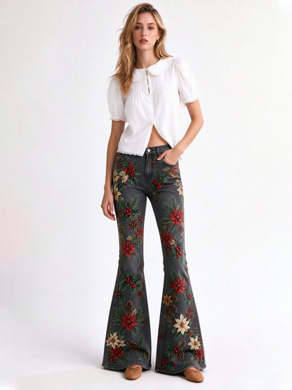 Prairie Poinsettia Bloom Flare Jeans