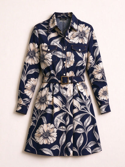 Midnight Flora Belted Shirt Dress