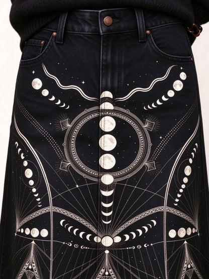 Moon Phase Ankle-Length Denim Skirt
