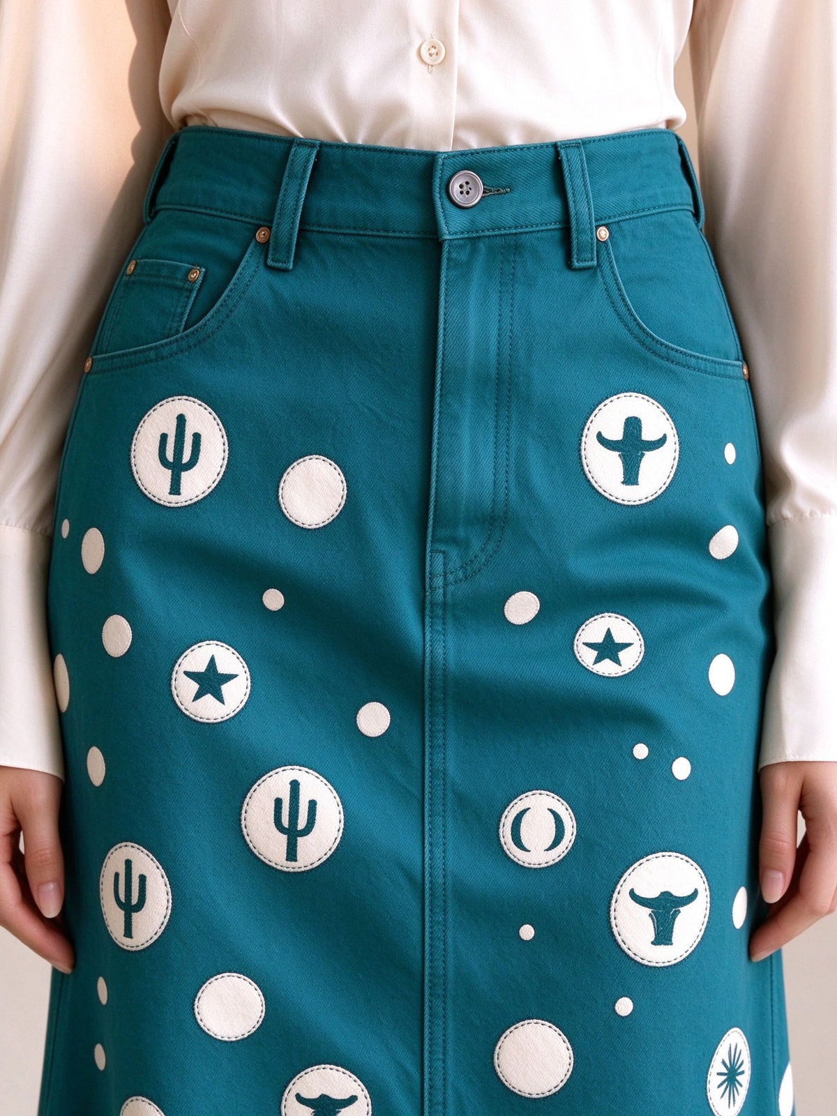 Desert Starlight Western Denim Midi Skirt – Back View – Riley – Teal