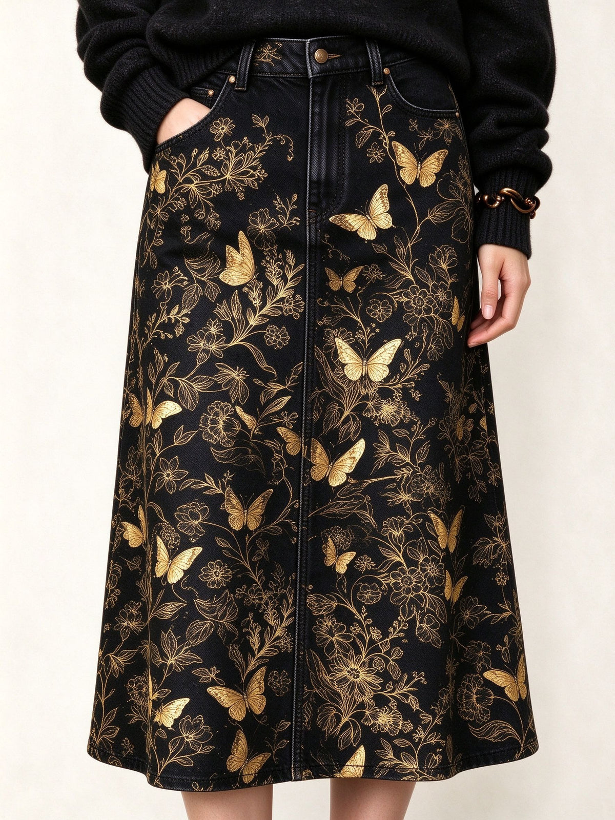 Golden Wings Ankle-Length Denim Skirt
