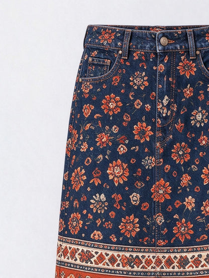 Frontier Bandana Bloom Denim Midi Skirt