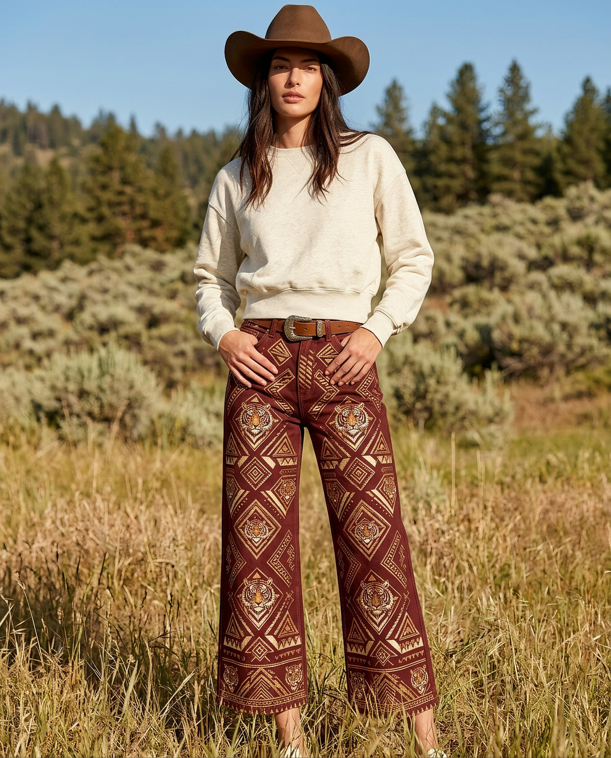 Tiger Ridge Maroon Wide-Leg Cropped Pants