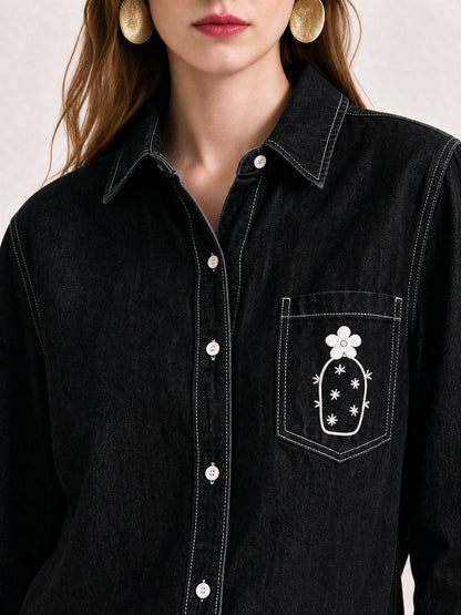 Midnight Desert Rose Long Sleeve Denim Shirt