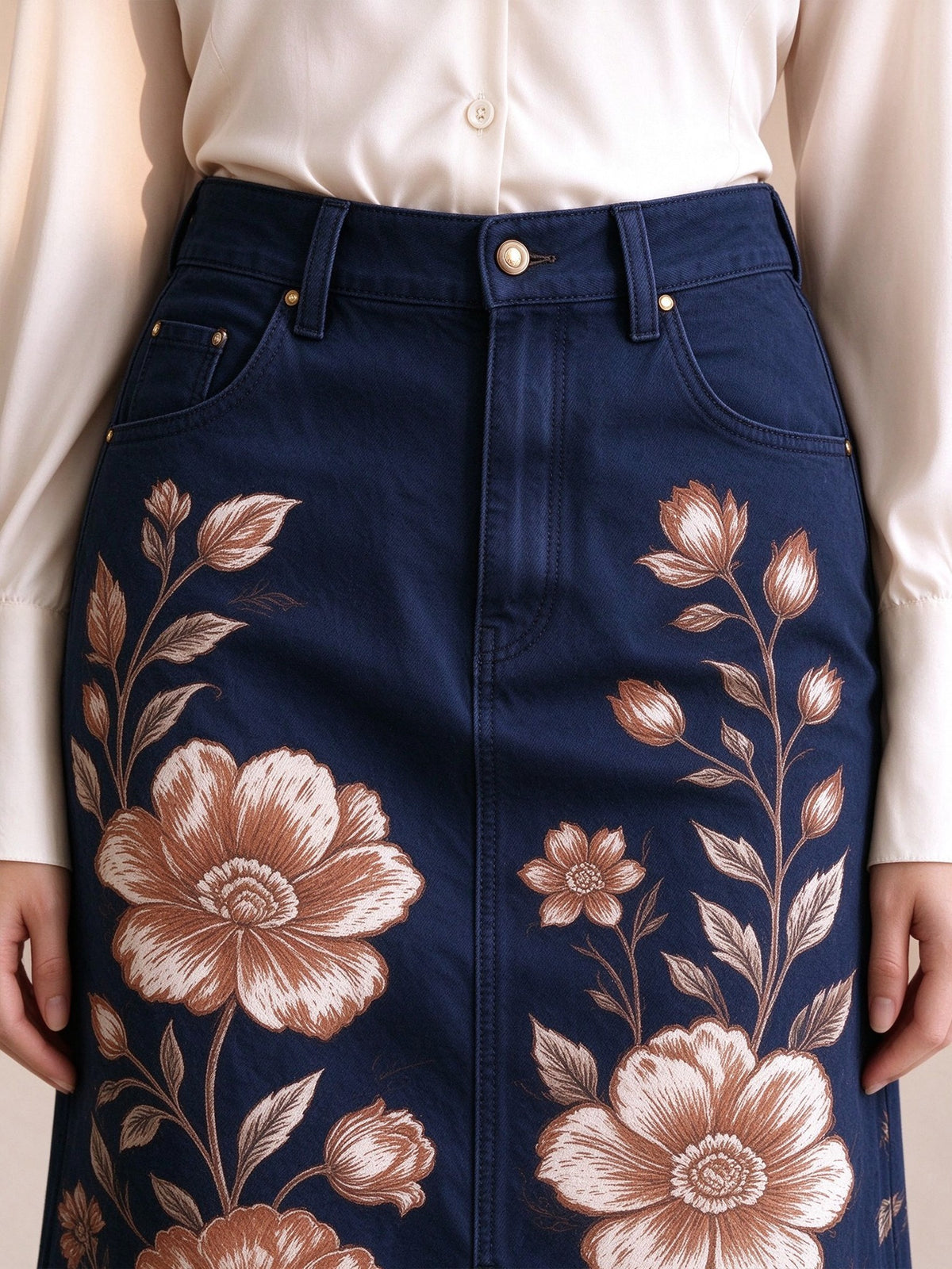 Desert Bloom Navy Blue Western Denim Midi Skirt – Back View – Riley – Navy Blue