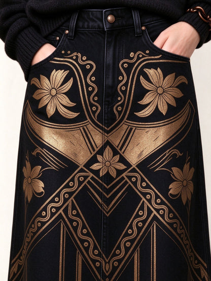 Desert Tribal Ankle-Length Denim Skirt