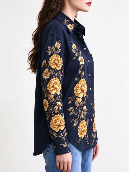 Midnight Rose Roundup Long Sleeve Denim Shirt