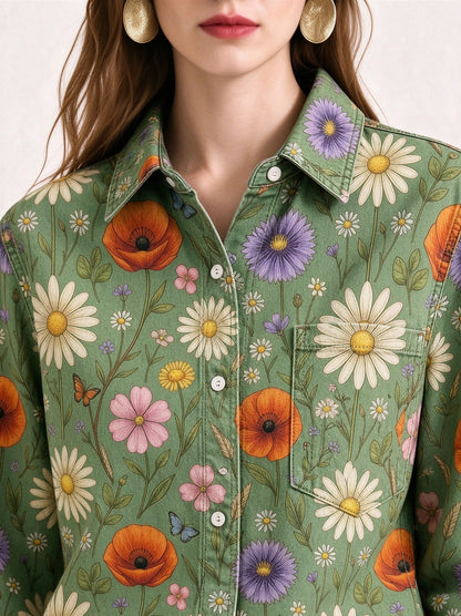 Prairie Poppy Bloom Long Sleeve Denim Shirt