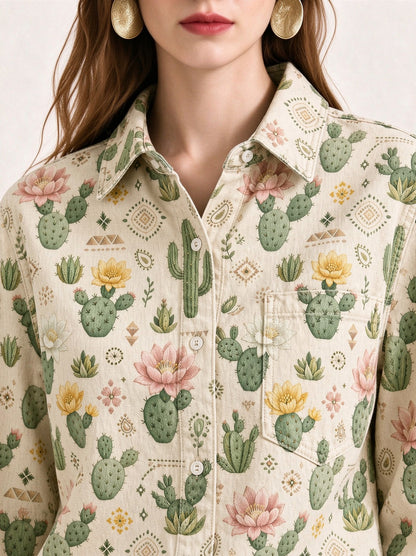Prairie Cactus Blossom Long Sleeve Denim Shirt