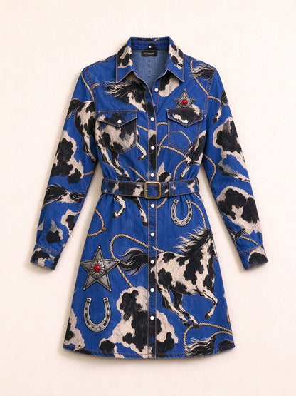 Blue Lariat Belted Shirt Dress