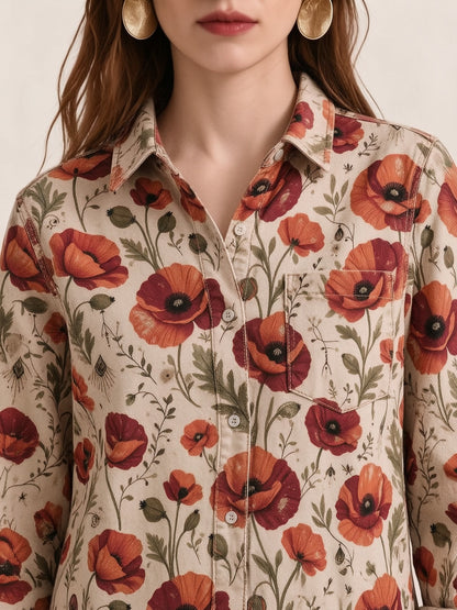 Prairie Poppy Scatter Long Sleeve Denim Shirt