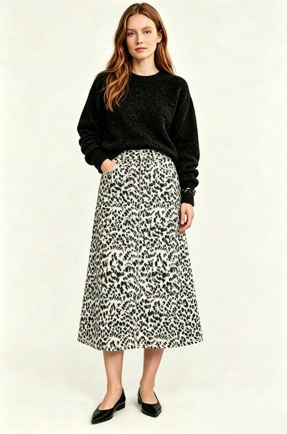 Wild Leopard Ankle-Length Denim Skirt