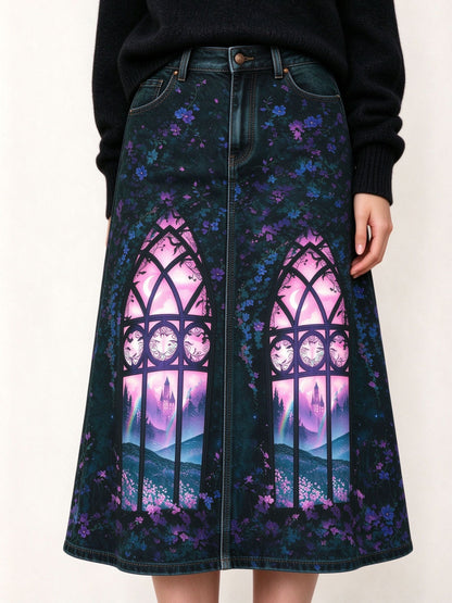Stained Glass Ankle-Length Denim Skirt
