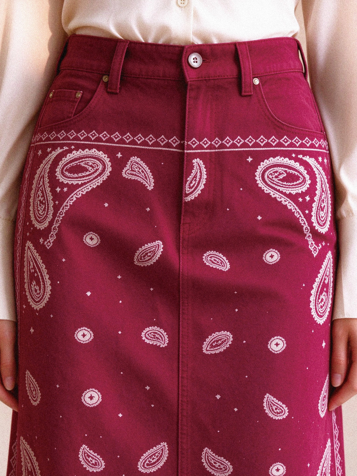 Crimson Bandana Western Denim Midi Skirt – Back View – Riley – Deep Red