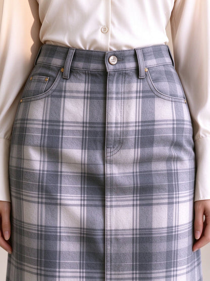 Ranch Ridge Western Denim Midi Skirt – Back View – Riley – Gray
