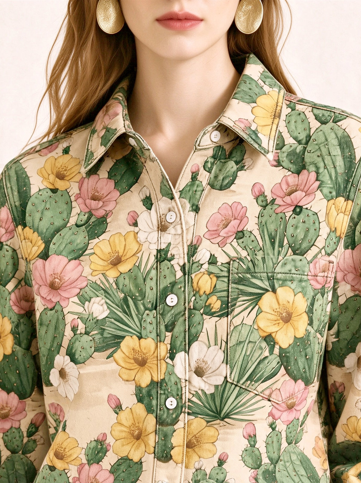 Desert Cactus Bloom Long Sleeve Denim Shirt