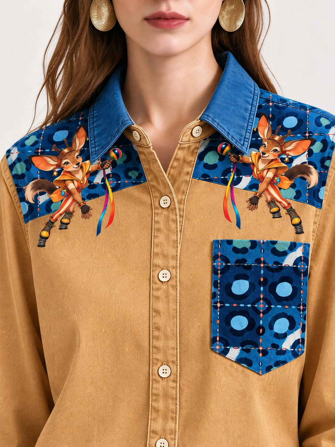 Bronco Patchwork Parade Long Sleeve Denim Shirt