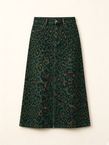 Desert Leopard Ankle-Length Denim Skirt