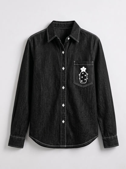 Midnight Desert Rose Long Sleeve Denim Shirt