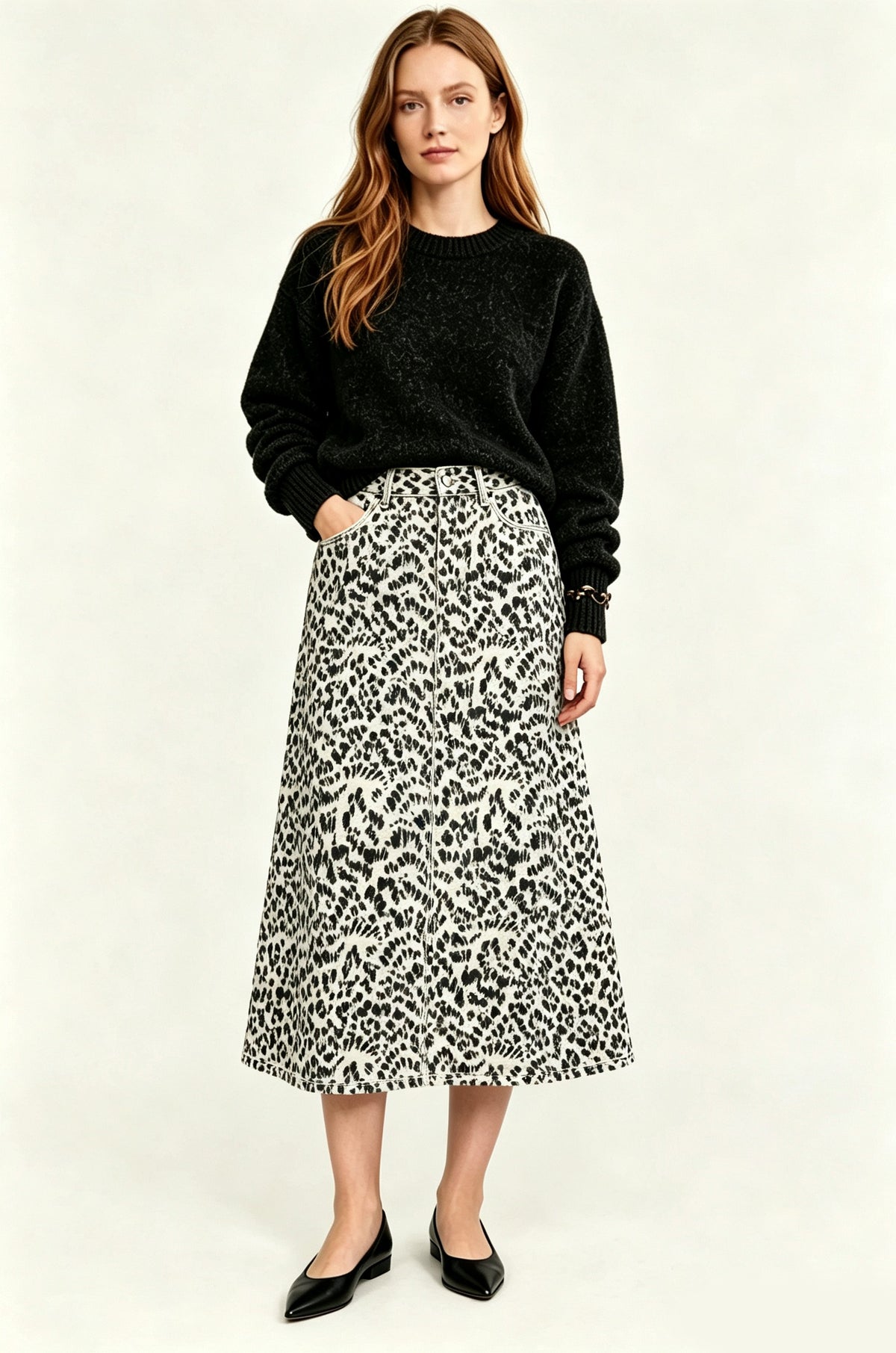 Wild Leopard Ankle-Length Denim Skirt